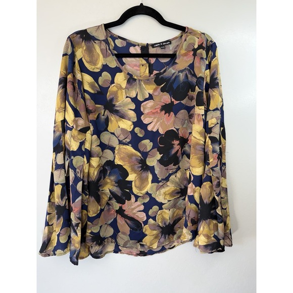 Cable & Gauge Deep Colored Floral Blouse With Unique Ruffled Sleeves Size XL - Picture 1 of 7